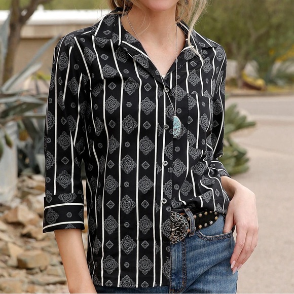 Cruel Girl Tops - Cruel Girl Contrast Print 3/4 Sleeve Western Shirt